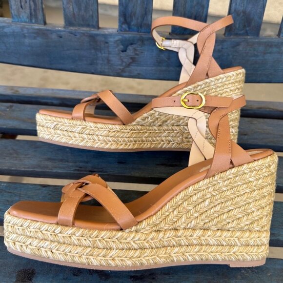 Stuart Weitzman Braida Espadrille Wedge Sandal Tan Leather Women 11B Made Spain - Picture 6 of 10